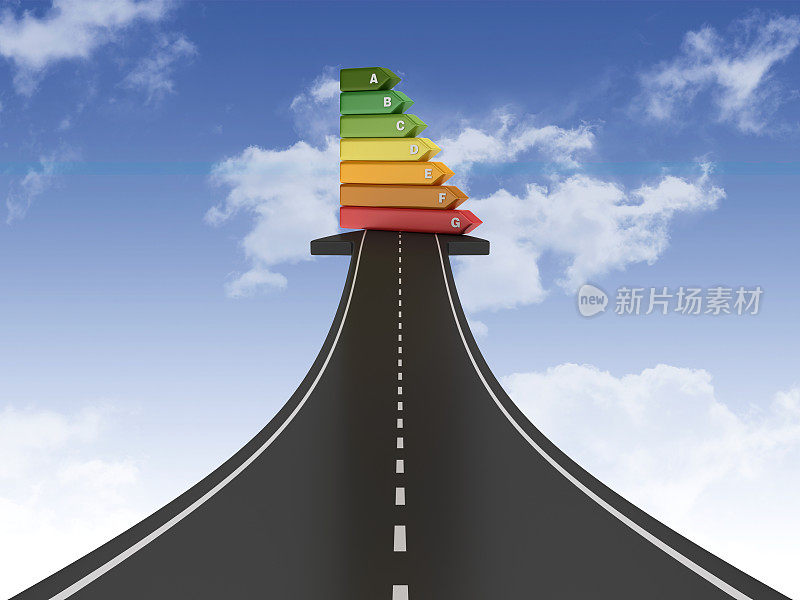 道路箭头与高效的能量图在天空- 3D渲染